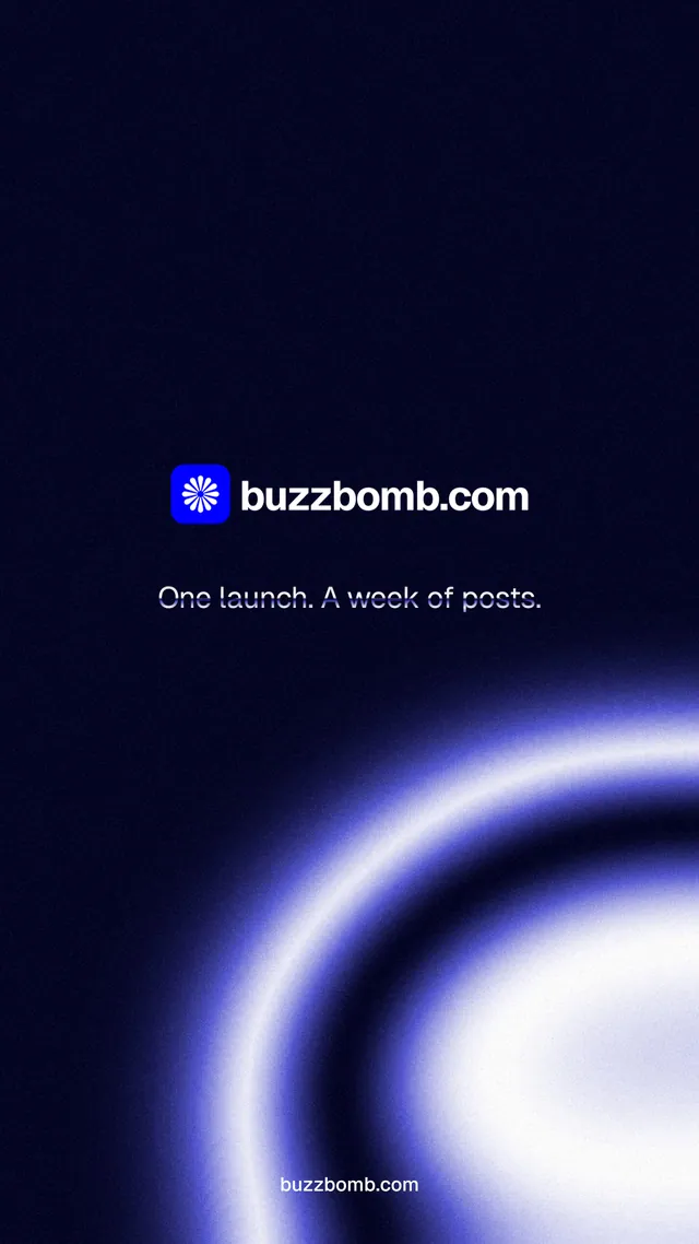 Instagram story for BuzzBomb: "One launch. A week of posts." Agentic glass style, end card layout, dark palette in black, blue.