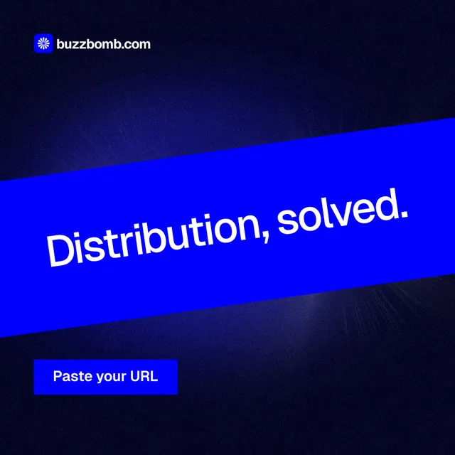 Instagram post for BuzzBomb: "Distribution, solved." Swiss style, diagonal layout, dark palette in black, blue.