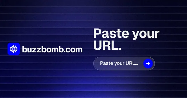 Social ad for BuzzBomb: "Paste your URL." Agentic glass style, logo hero layout, dark palette in black, blue.