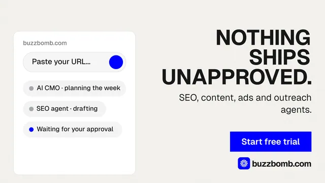 Landscape graphic for BuzzBomb: "Nothing ships unapproved." Swiss style, right layout, light palette in white, grey.