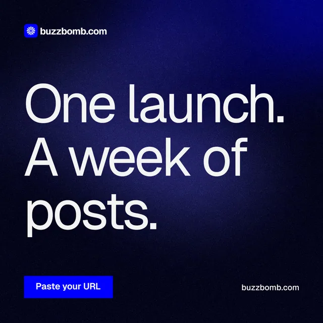 Instagram post for BuzzBomb: "One launch. A week of posts." Swiss style, poster layout, dark palette in black, blue, grey.