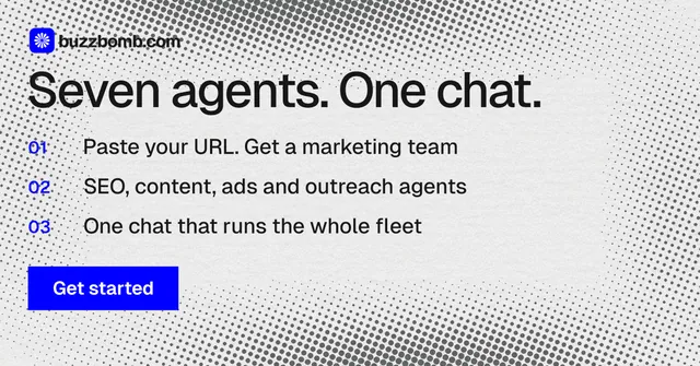 Social ad for BuzzBomb: "Seven agents. One chat." Swiss style, numbered layout, light palette in white, grey.