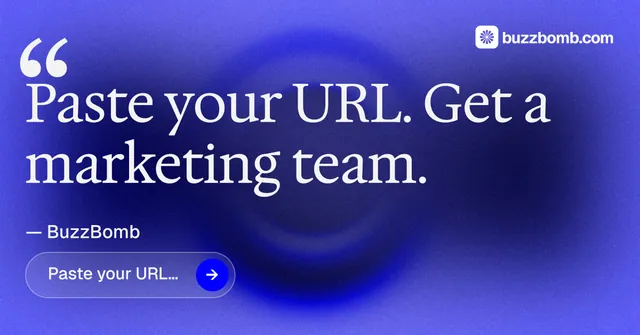 Social ad for BuzzBomb: "One launch. A week of posts." Agentic glass style, quote layout, dark palette in blue.