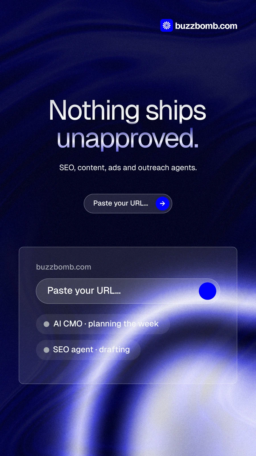 Instagram story for BuzzBomb: "Nothing ships unapproved." Agentic glass style, centred layout, dark palette in blue, black.