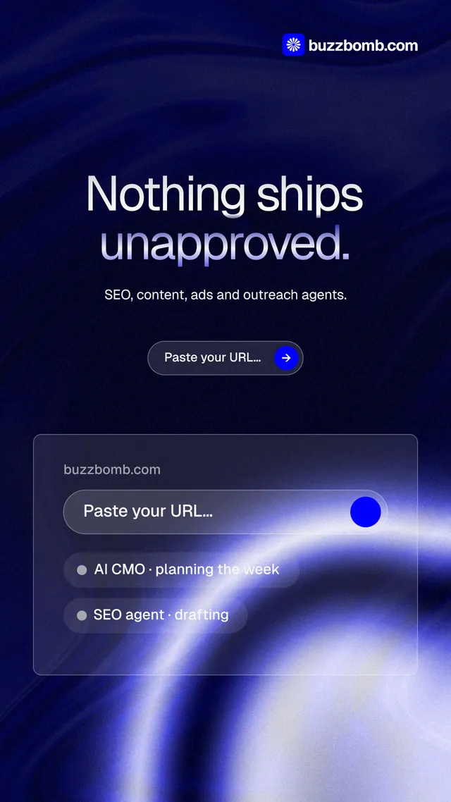 Instagram story for BuzzBomb: "Nothing ships unapproved." Agentic glass style, centred layout, dark palette in blue, black.