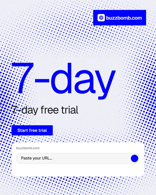 Instagram portrait post for BuzzBomb: "One launch. A week of posts." Swiss style, stat layout, light palette in blue, white.