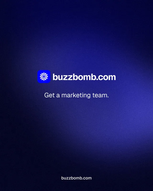 Instagram portrait post for BuzzBomb: "Get a marketing team." Agentic glass style, end card layout, dark palette in black, blue.