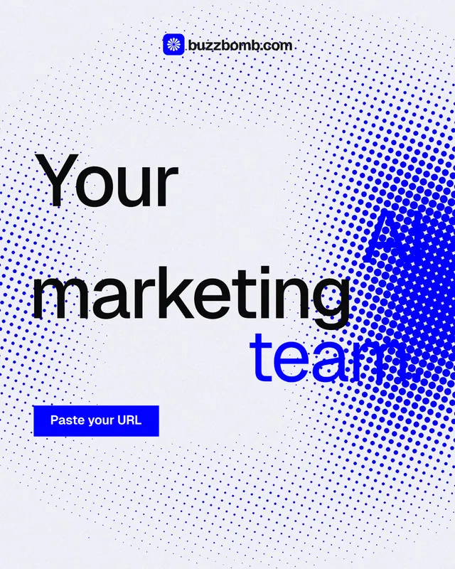 Instagram portrait post for BuzzBomb: "Your AI marketing team." Split block style, stacked layout, light palette in white, blue.