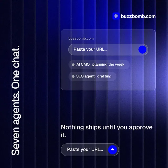 Instagram post for BuzzBomb: "Seven agents. One chat." Agentic glass style, vertical layout, dark palette in black, blue.