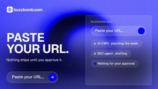 Landscape graphic for BuzzBomb: "Paste your URL." Agentic glass style, bottom layout, dark palette in blue.