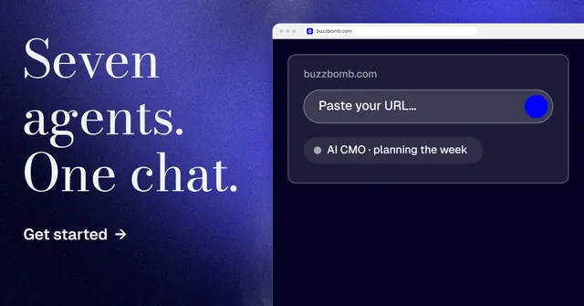 Social ad for BuzzBomb: "Seven agents. One chat." Minimal luxury style, browser layout, dark palette in black, blue.