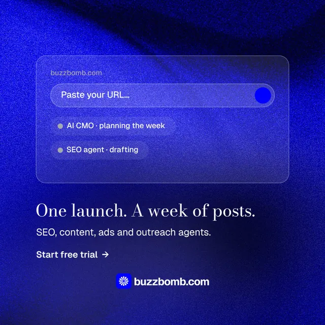Instagram post for BuzzBomb: "One launch. A week of posts." Minimal luxury style, bottom layout, dark palette in blue.