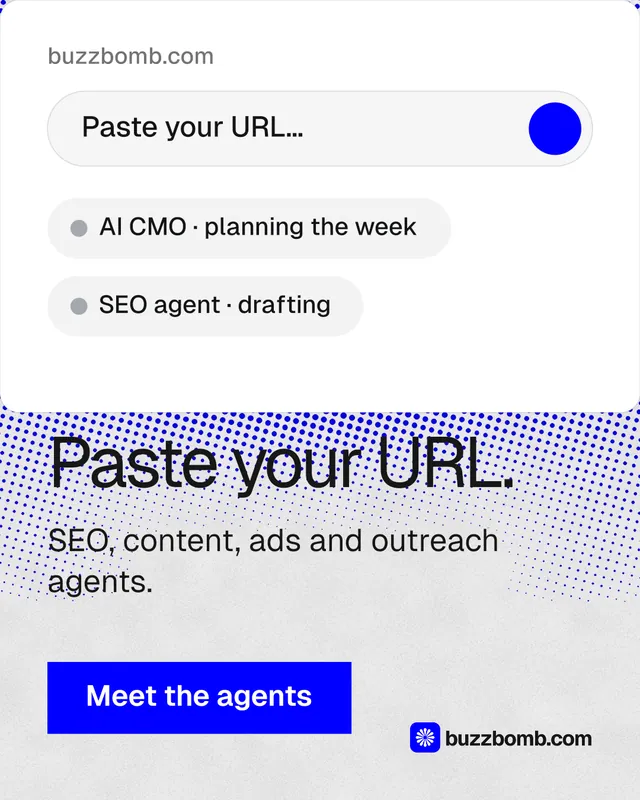 Instagram portrait post for BuzzBomb: "Paste your URL." Swiss style, skeleton layout, light palette in white, blue.