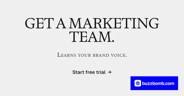 Social ad for BuzzBomb: "Get a marketing team." Swiss style, smallcaps layout, light palette in white, blue.