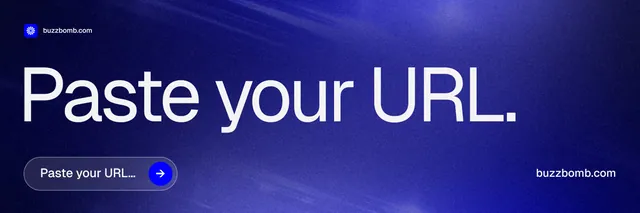 X header for BuzzBomb: "Paste your URL." Agentic glass style, poster layout, dark palette in blue.
