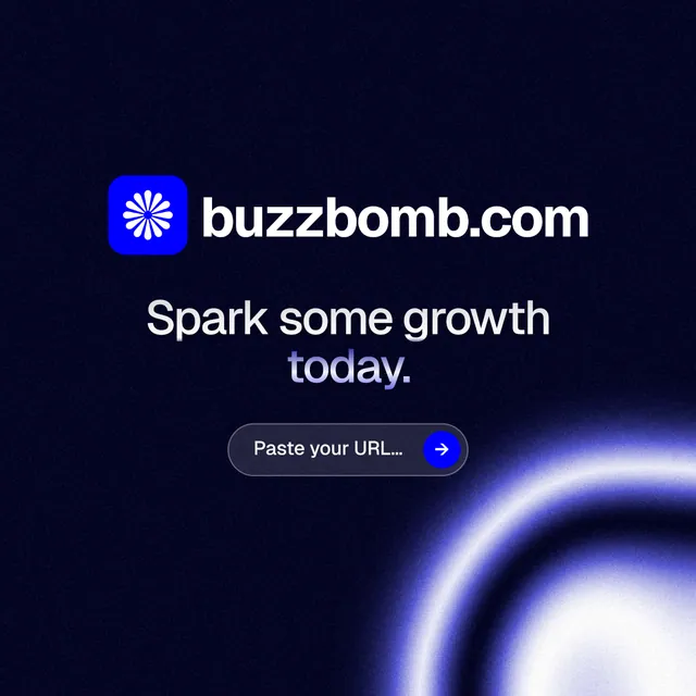 Instagram post for BuzzBomb: "Spark some growth today." Agentic glass style, logo hero layout, dark palette in black, blue.