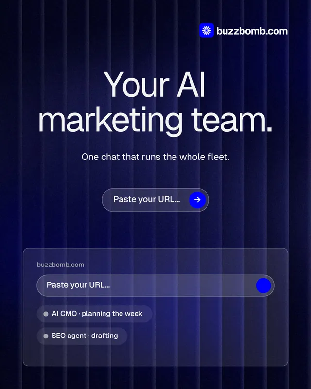 Instagram portrait post for BuzzBomb: "Your AI marketing team." Agentic glass style, centred layout, dark palette in blue, black, grey.