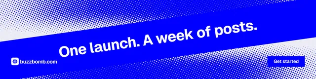 LinkedIn banner for BuzzBomb: "One launch. A week of posts." Swiss style, diagonal layout, dark palette in blue.