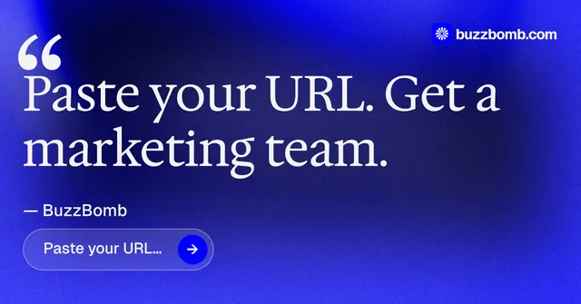 Social ad for BuzzBomb: "One launch. A week of posts." Agentic glass style, quote layout, dark palette in blue.