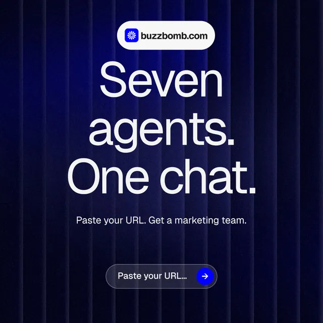 Instagram post for BuzzBomb: "Seven agents. One chat." Agentic glass style, centred layout, dark palette in black, blue, grey.