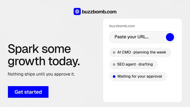 Landscape graphic for BuzzBomb: "Spark some growth today." Swiss style, bottom layout, light palette in white, blue.