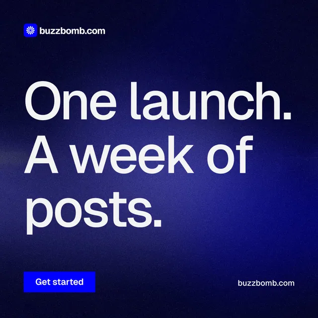 Instagram post for BuzzBomb: "One launch. A week of posts." Swiss style, poster layout, dark palette in blue, black.
