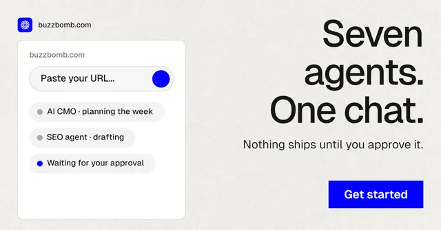 Social ad for BuzzBomb: "Seven agents. One chat." Swiss style, right layout, light palette in white, blue.