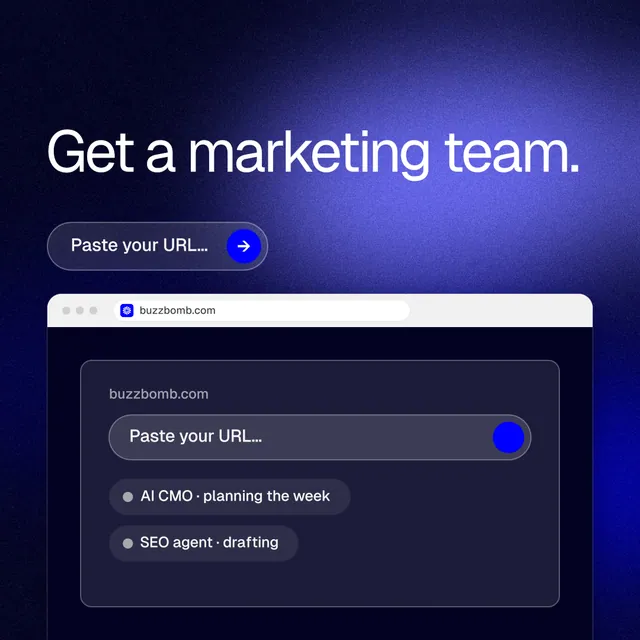 Instagram post for BuzzBomb: "Get a marketing team." Agentic glass style, browser layout, dark palette in blue, black.