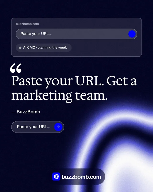 Instagram portrait post for BuzzBomb: "Distribution, solved." Agentic glass style, quote layout, dark palette in black, blue.