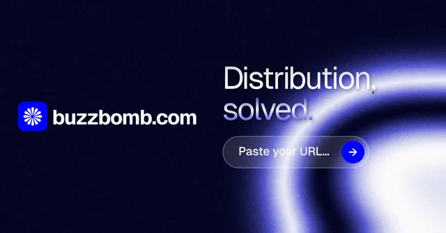 Social ad for BuzzBomb: "Distribution, solved." Agentic glass style, logo hero layout, dark palette in black, blue.