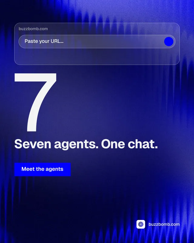 Instagram portrait post for BuzzBomb: "One launch. A week of posts." Swiss style, stat layout, dark palette in blue.
