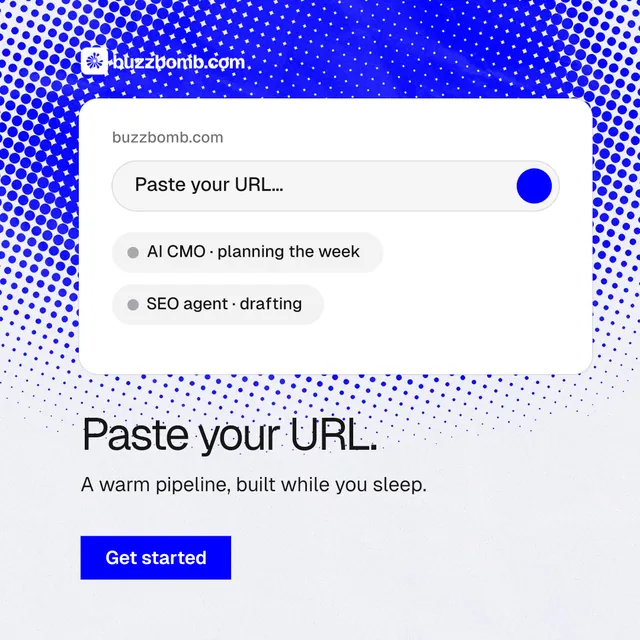 Instagram post for BuzzBomb: "Paste your URL." Split block style, skeleton layout, light palette in white, blue.