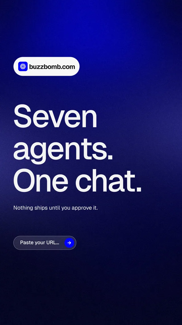 Instagram story for BuzzBomb: "Seven agents. One chat." Agentic glass style, announce layout, dark palette in black, blue, grey.