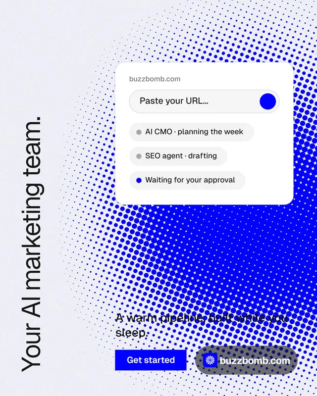 Instagram portrait post for BuzzBomb: "Your AI marketing team." Split block style, vertical layout, light palette in white, blue.