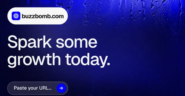 Social ad for BuzzBomb: "Spark some growth today." Agentic glass style, announce layout, dark palette in blue, grey.