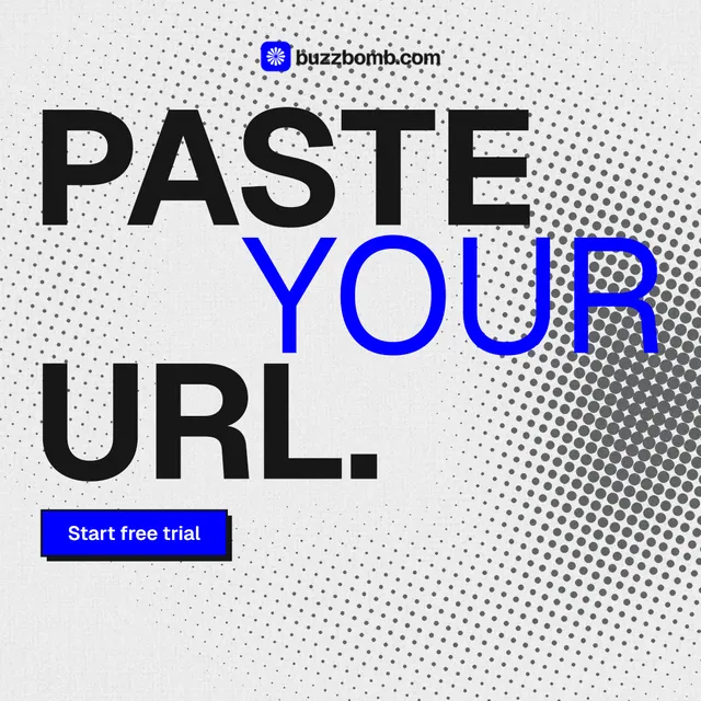 Instagram post for BuzzBomb: "Paste your URL." Brutalist style, stacked layout, light palette in white, blue.