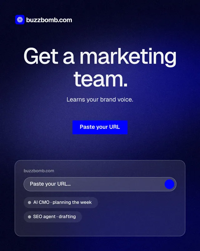 Instagram portrait post for BuzzBomb: "Get a marketing team." Swiss style, centred layout, dark palette in black, blue, grey.