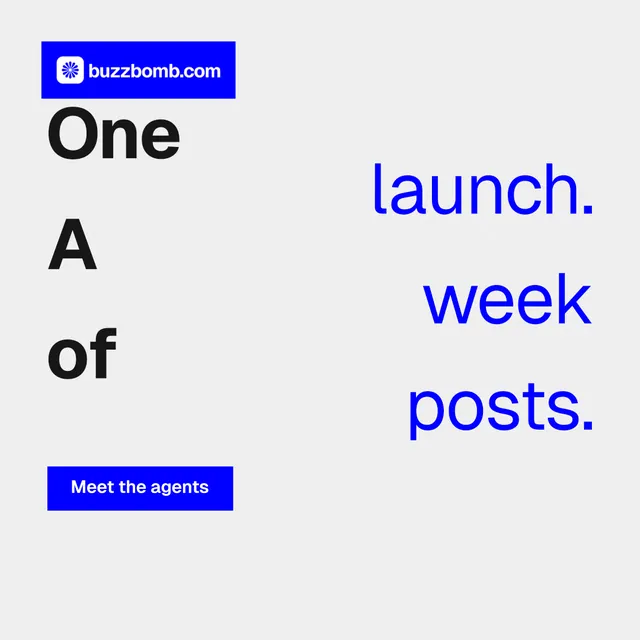 Instagram post for BuzzBomb: "One launch. A week of posts." Swiss style, stacked layout, light palette in white, blue.