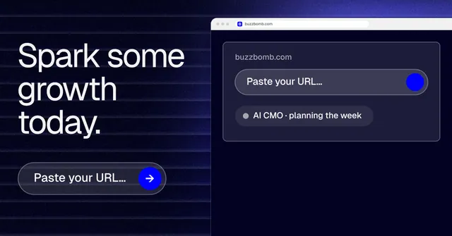 Social ad for BuzzBomb: "Spark some growth today." Agentic glass style, browser layout, dark palette in blue, black, grey.