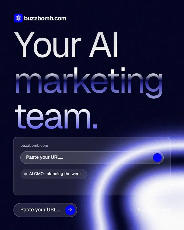 Instagram portrait post for BuzzBomb: "Your AI marketing team." Agentic glass style, poster layout, dark palette in black, blue.