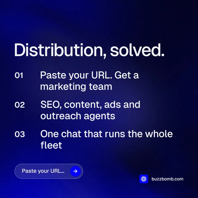Instagram post for BuzzBomb: "Distribution, solved." Agentic glass style, numbered layout, dark palette in black, blue.
