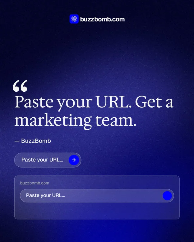Instagram portrait post for BuzzBomb: "Paste your URL." Agentic glass style, quote layout, dark palette in black, blue.