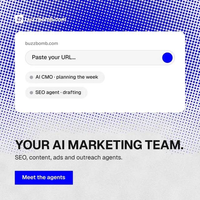 Instagram post for BuzzBomb: "Your AI marketing team." Swiss style, bottom layout, light palette in white, blue.