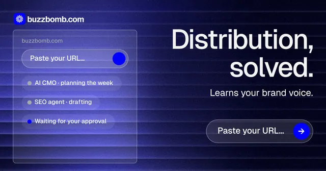 Social ad for BuzzBomb: "Distribution, solved." Agentic glass style, right layout, dark palette in black, blue.
