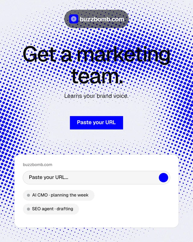 Instagram portrait post for BuzzBomb: "Get a marketing team." Swiss style, centred layout, light palette in white, blue.