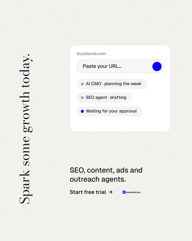 Instagram portrait post for BuzzBomb: "Spark some growth today." Minimal luxury style, vertical layout, light palette in white.