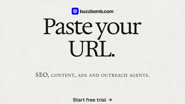 Landscape graphic for BuzzBomb: "Paste your URL." Swiss style, smallcaps layout, light palette in white, grey.