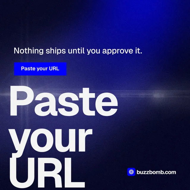 Instagram post for BuzzBomb: "Seven agents. One chat." Swiss style, oversized layout, dark palette in black, blue, white.