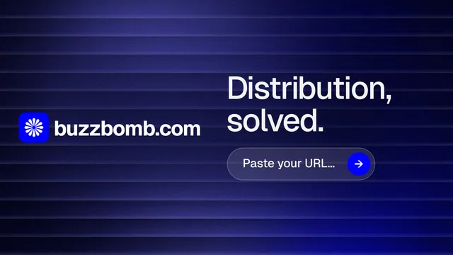 Landscape graphic for BuzzBomb: "Distribution, solved." Agentic glass style, logo hero layout, dark palette in black, blue.