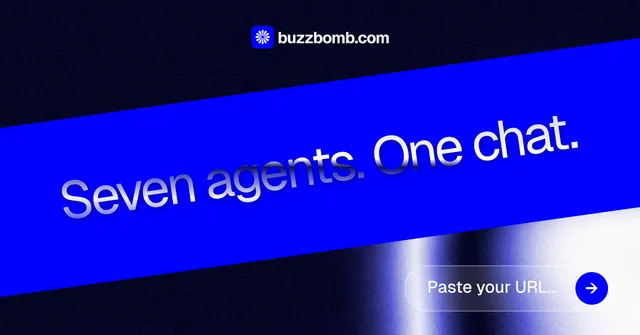 Social ad for BuzzBomb: "Seven agents. One chat." Agentic glass style, diagonal layout, dark palette in blue, black.